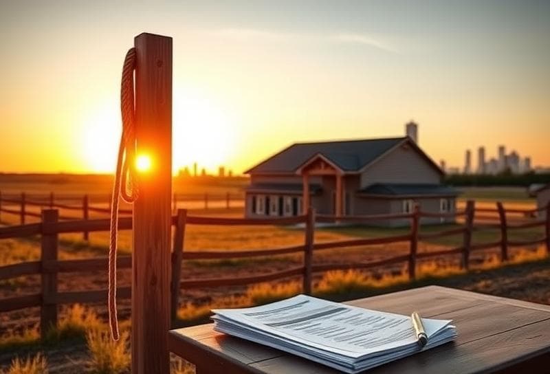 Texas ranch sunset with Houston-style home, lasso on fence, and property tax documents for Harris