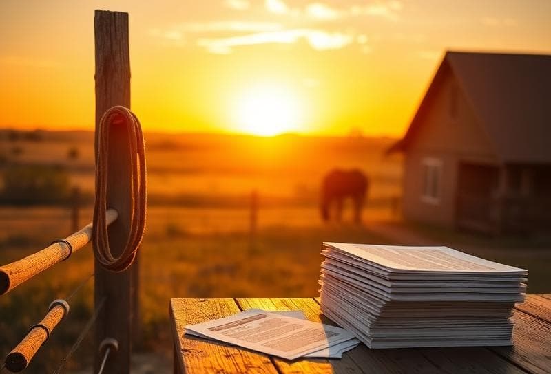 Texas ranch sunset with a modern Houston home, lasso on fence, and property tax documents