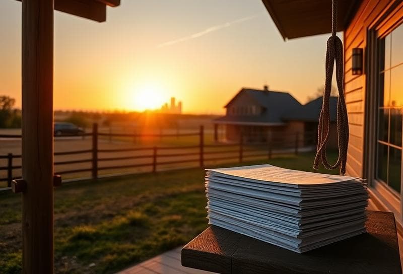 Modern Houston-style home on a Texas ranch at sunset, with property tax documents and a