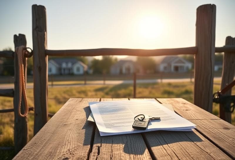 Weathered wooden fence with a lasso, property tax documents, and house keys under Texas sunset