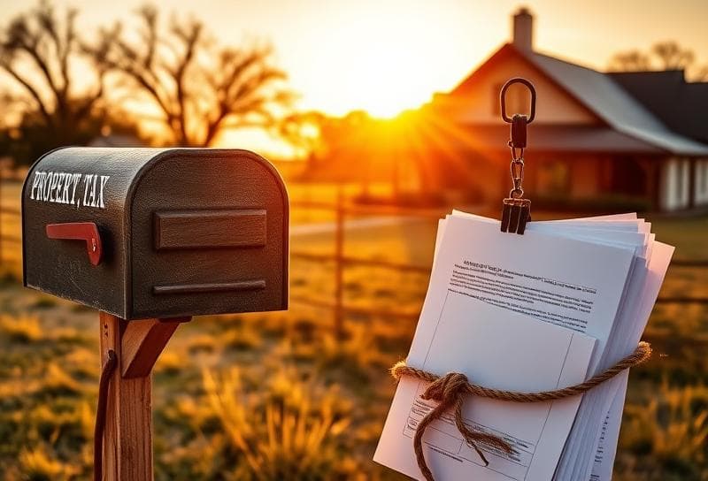 Sunlit Texas ranch with property tax documents, Houston mailbox, and rustic cowboy theme.