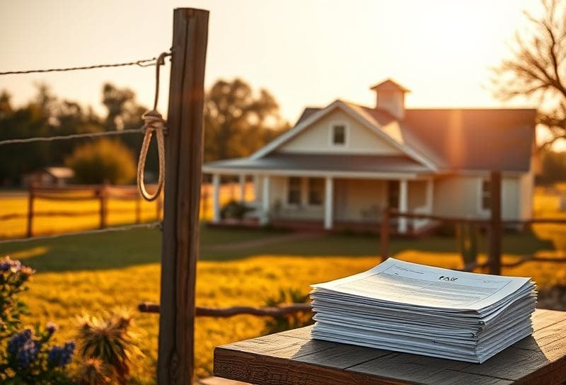 Sunlit Texas ranch home with lasso, bluebonnets, and property tax documents for senior citizen tax