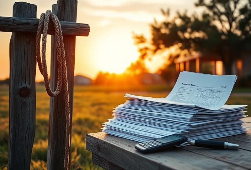 Texas ranch sunset with lasso, property tax documents, and tools for FBCAD protest preparation.
