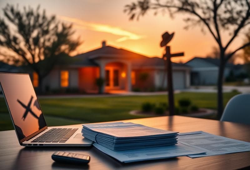 Desk with property tax documents and calculator, Texas ranch home at sunset, sales tax firms