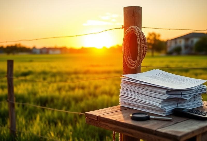 Texas ranch sunset with Houston suburbs, lasso on fence, and property tax documents for realistic