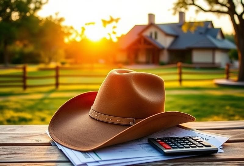 Cowboy hat on property tax documents with Houston ranch and modern home, symbolizing startup tax