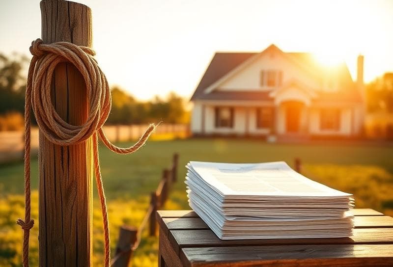 Sunlit Texas ranch with suburban home, lasso on fence, and property tax documents, symbolizing tax