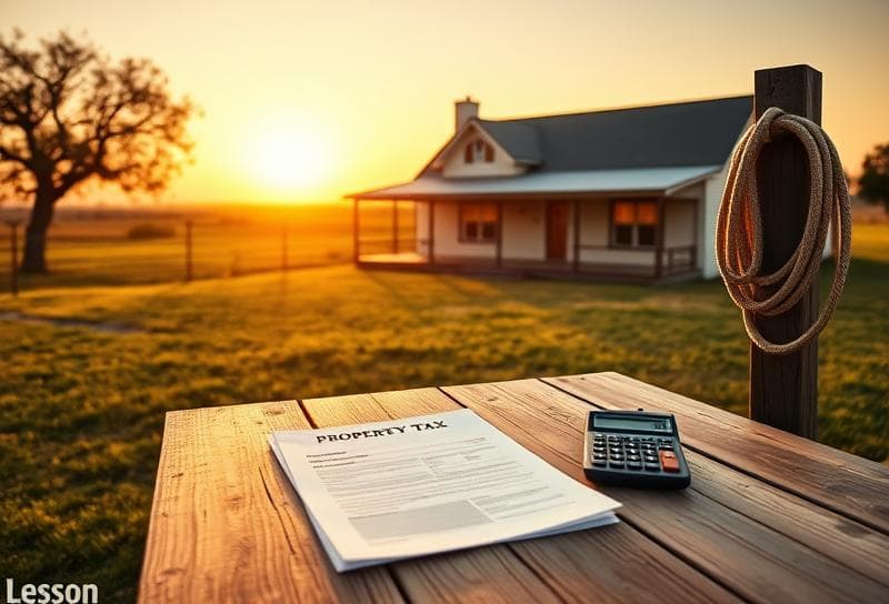Texas ranch sunset with property tax documents, lasso, and Houston skyline in the distance.