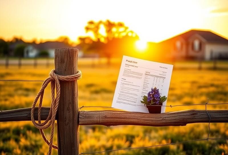 Texas ranch sunset with lasso, property tax documents, and bluebonnets near Houston suburbs.