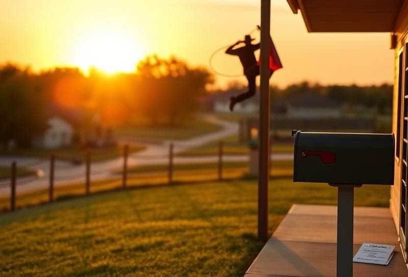 Texas ranch sunset with suburban home, cowboy lassoing, and property tax documents on porch.