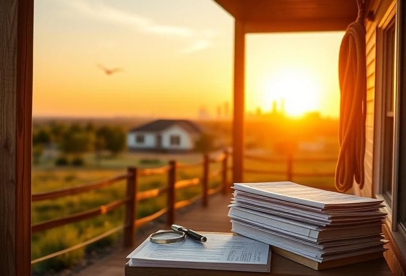 Sunset over a Texas ranch with suburban home, lasso on fence, and property tax documents
