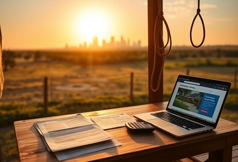 Sunlit Texas ranch with Houston skyline, desk with property tax documents and lasso, symbolizing affordable