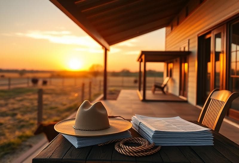 Texas ranch sunset with property tax documents, cowboy hat, and lasso on porch, symbolizing HCAD