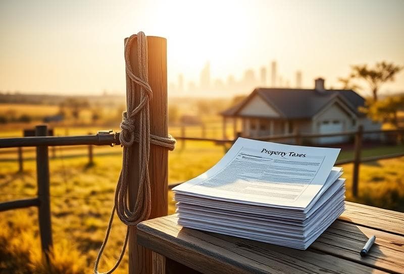 Texas ranch home with Houston skyline, lasso on fence, and property tax documents on rustic
