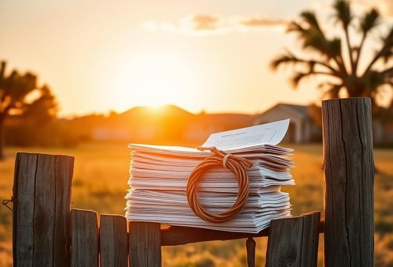 Weathered wooden fence with property tax documents and lasso, blending Houston suburban and Texas ranch