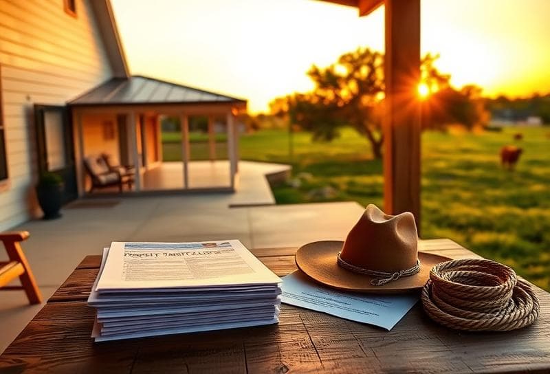 Texas ranch house at sunset with property tax documents, cowboy hat, and lasso, symbolizing Harris