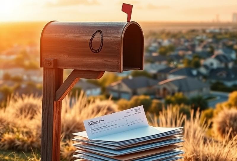 Rustic Texas mailbox with lasso design, Houston suburban homes, and property tax payment envelope.