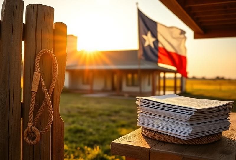 Texas ranch home with a porch, waving flag, and property tax documents in Cypress, Texas.