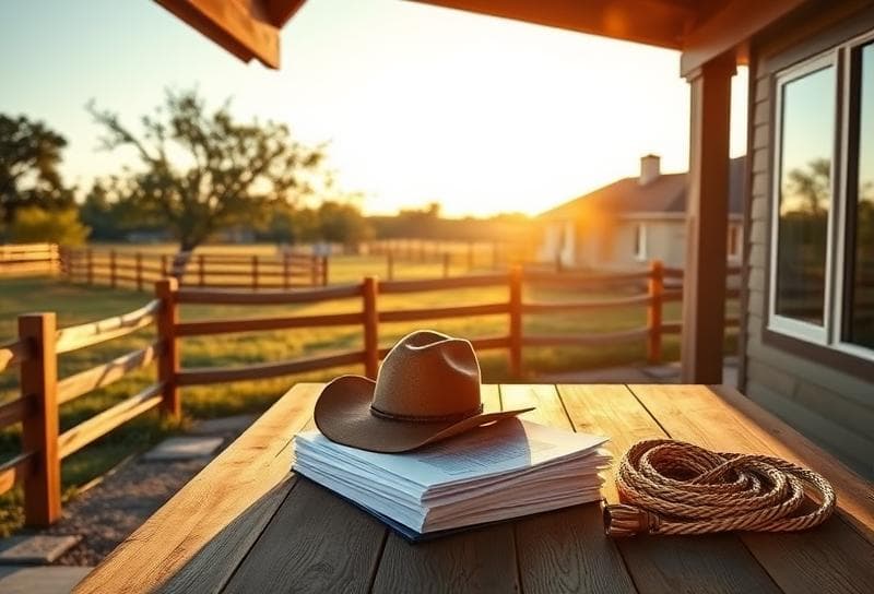 Sunlit Texas ranch with Houston-style home, property tax documents, cowboy hat, and lasso on porch.