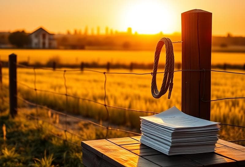 Texas ranch sunrise with Houston-style home, lasso on fence, and property tax documents on rustic