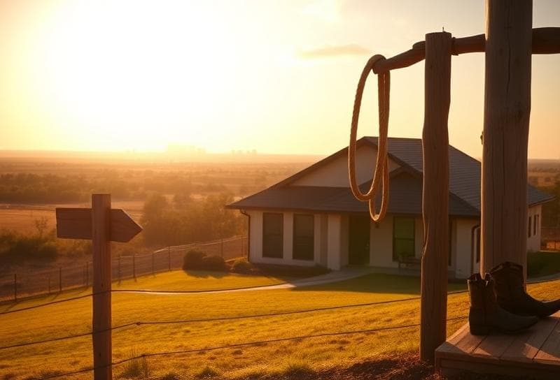 Modern Houston suburban home with western touches, lasso on fence, and Houston skyline in the