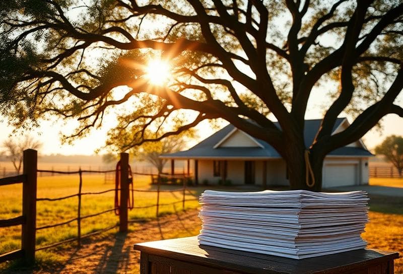 Sunlit Texas ranch with a modern Houston home, lasso on fence, and property tax documents