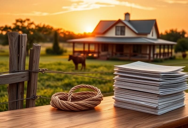 Texas ranch sunset with lasso, property tax documents, and grazing cattle, symbolizing tax mitigation