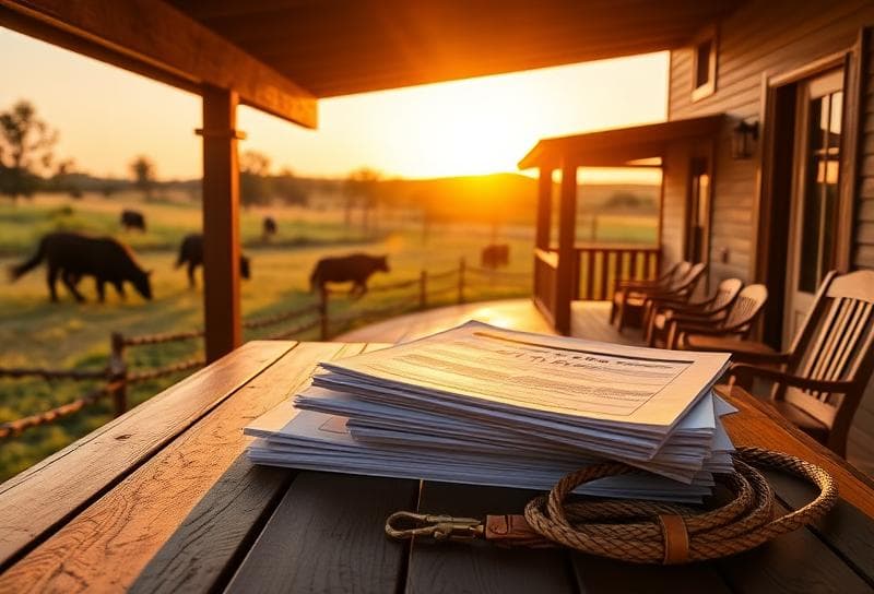 Texas ranch home with property tax documents and lasso on porch, showcasing the best way