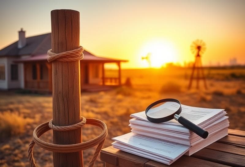 Texas ranch sunset with lasso on fence, property tax documents, and Houston skyline for open