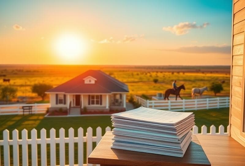 Houston suburban home with property tax documents, Texas ranch, and cowboy under golden-hour sky.