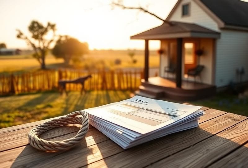 Texas ranch-style home with property tax documents and lasso on rustic table, Houston suburban landscape