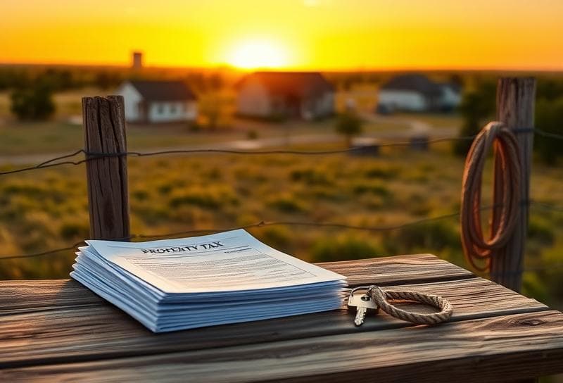 Sunset Texas ranch with property tax documents, house key, and lasso on a rustic fence