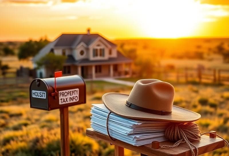 Texas ranch sunset with suburban home, cowboy hat on tax documents, and Property Tax Info