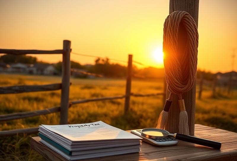 Serene Texas ranch sunset with property tax documents, lasso, and tools for real estate professional
