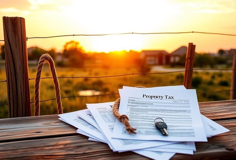 Texas ranch sunset with property tax documents, house keys, and lasso on a rustic fence