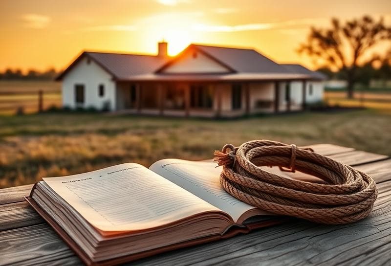 Texas ranch sunset with modern home, lasso, and ledger symbolizing Cypress Texas property tax responsibility.