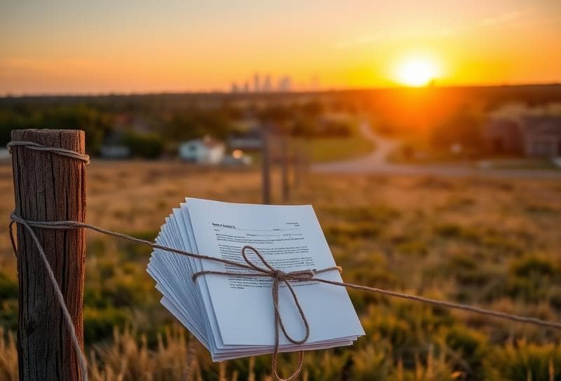 Weathered wooden fence with property tax documents tied by a lasso, Houston skyline at sunset