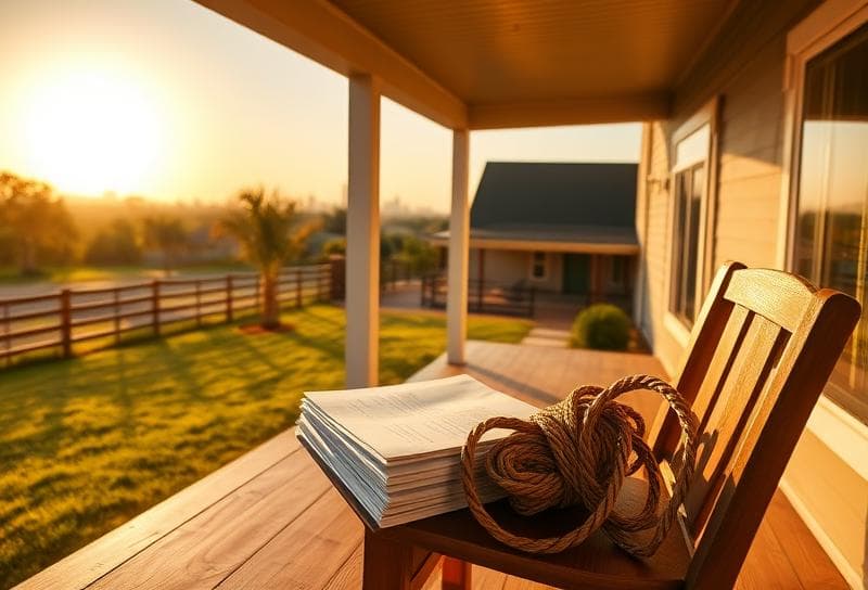 Modern Houston-style home with Texas ranch landscape, lasso, and property tax documents on porch.
