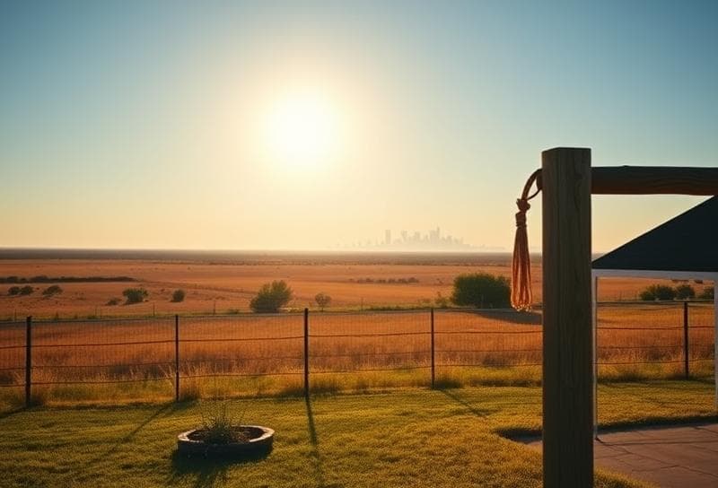 Sunlit Texas ranch with Houston suburban home, prairie, and lasso on fence post symbolizing property