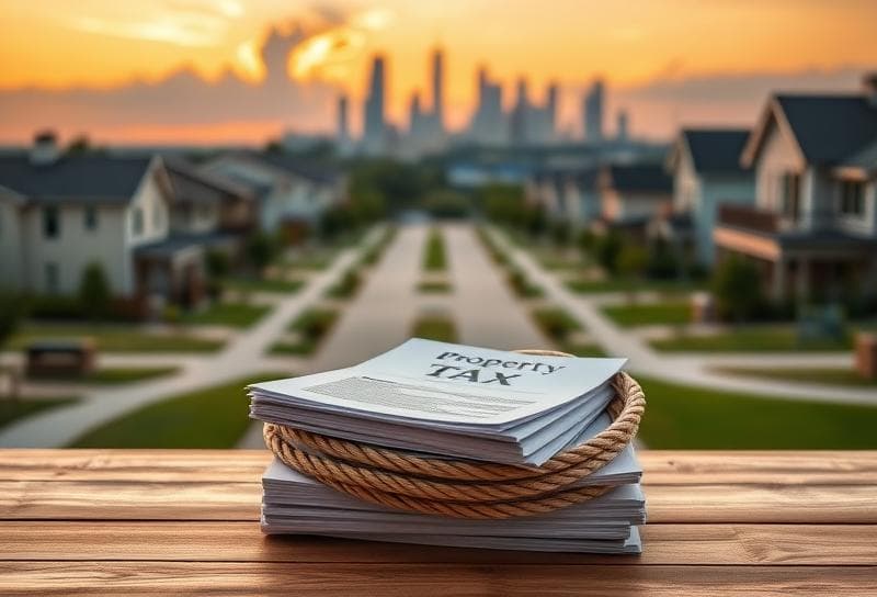 A lasso encircles property tax documents with a Houston sunset and Galleria property taxes theme.