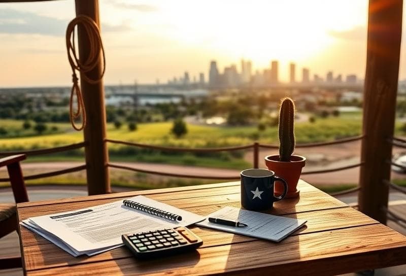 Texas ranch desk with property tax documents, Houston skyline, and lasso, symbolizing commercial property taxation.
