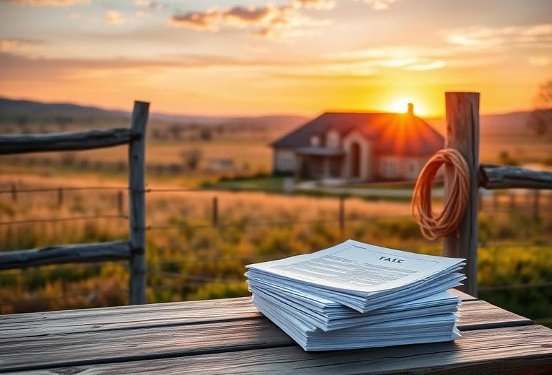 Sunset Texas ranch with Houston-style home, lasso on fence, and property tax documents, highlighting real
