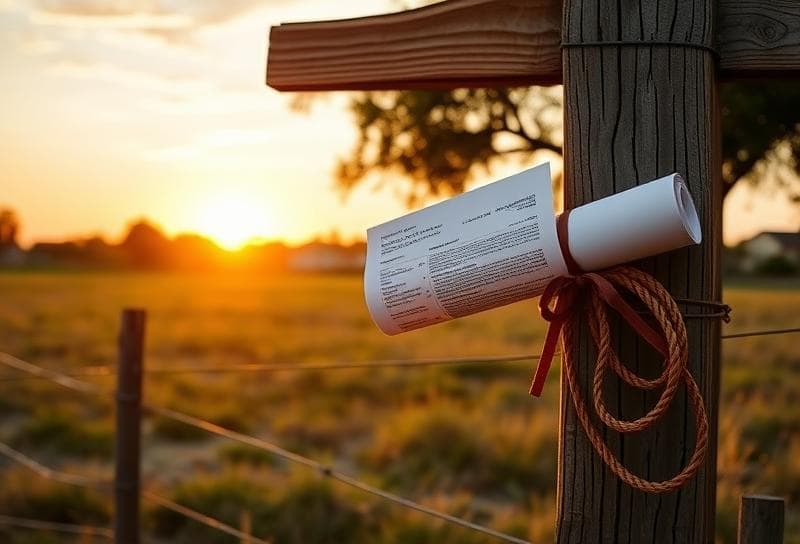 Sunset Texas ranch with suburban Houston, lasso on fence, and property tax bill tied with