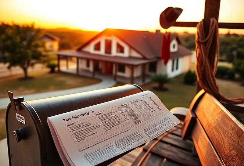 Modern Houston-style home on a Texas ranch at sunset, with property tax documents and western