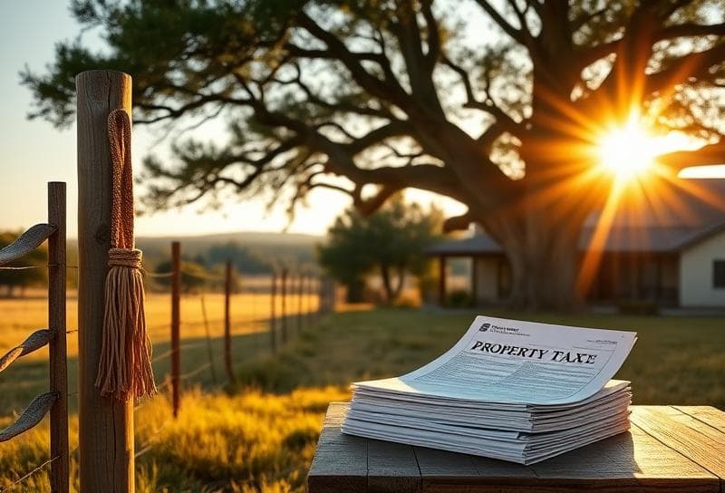 Sunlit Texas ranch with modern Houston home, lasso on fence, and property tax documents under