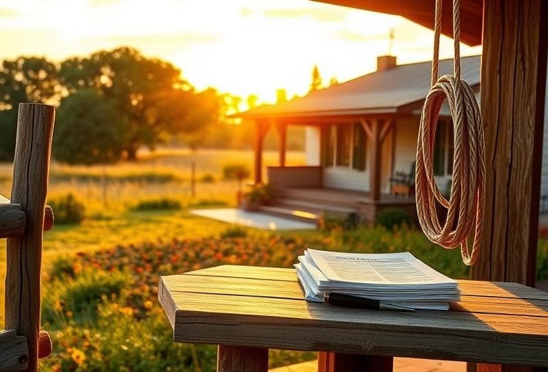 Sunlit Texas ranch with property tax documents, lasso on fence, and renters tax credit benefits.