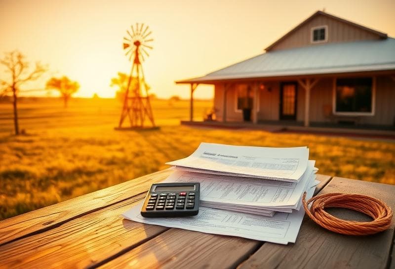 Texas ranch home with windmill, property tax documents, and lasso on wooden table at golden