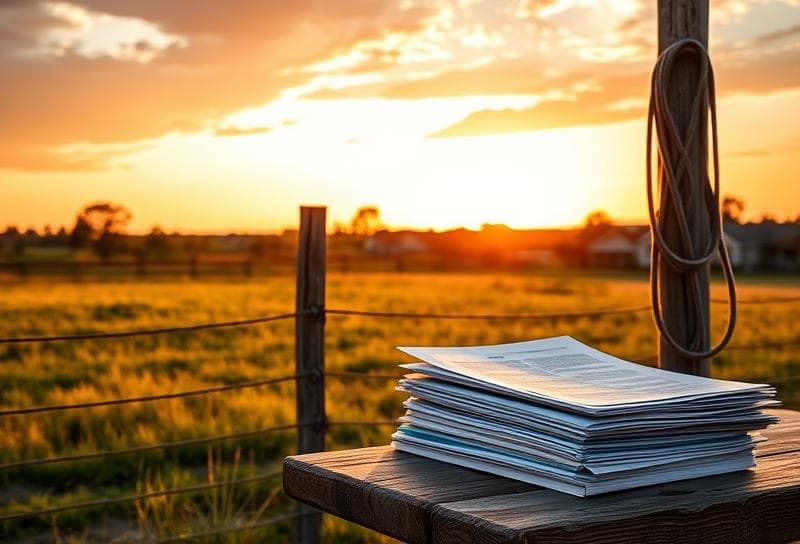 Texas ranch sunset with Houston suburbs, lasso on fence, and property tax documents on rustic