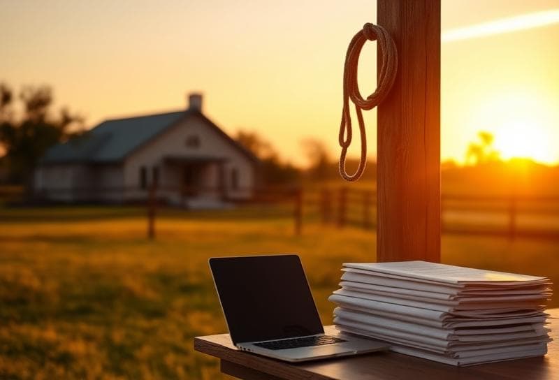 Sunset over a Texas ranch with a Houston-style home, lasso on fence, and property tax