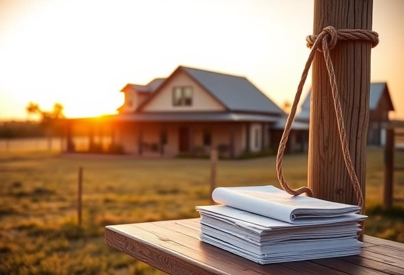 Texas ranch sunset with Houston-style home, lasso on fence, and property tax documents, symbolizing property